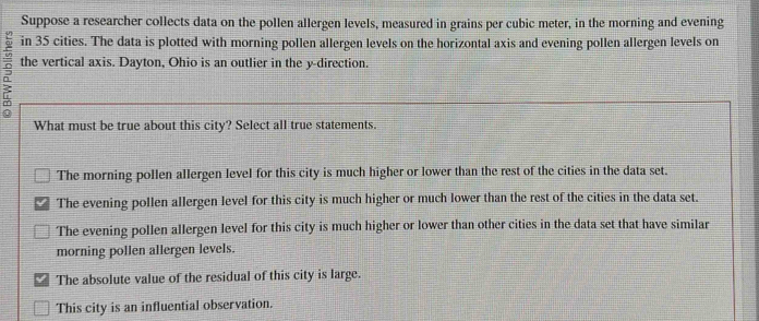 Suppose a researcher collects data on the pollen allergen levels, measured in grains per cubic meter, in the morning and evening
in 35 cities. The data is plotted with morning pollen allergen levels on the horizontal axis and evening pollen allergen levels on
the vertical axis. Dayton, Ohio is an outlier in the y -direction.
What must be true about this city? Select all true statements.
The morning pollen allergen level for this city is much higher or lower than the rest of the cities in the data set.
The evening pollen allergen level for this city is much higher or much lower than the rest of the cities in the data set.
The evening pollen allergen level for this city is much higher or lower than other cities in the data set that have similar
morning pollen allergen levels.
The absolute value of the residual of this city is large.
This city is an influential observation.