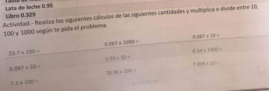 Tabia
Lata de leche 0.95
Libro 0.329
ientes cálculos de las siguientes cantidades y multiplica o divide entre 10,