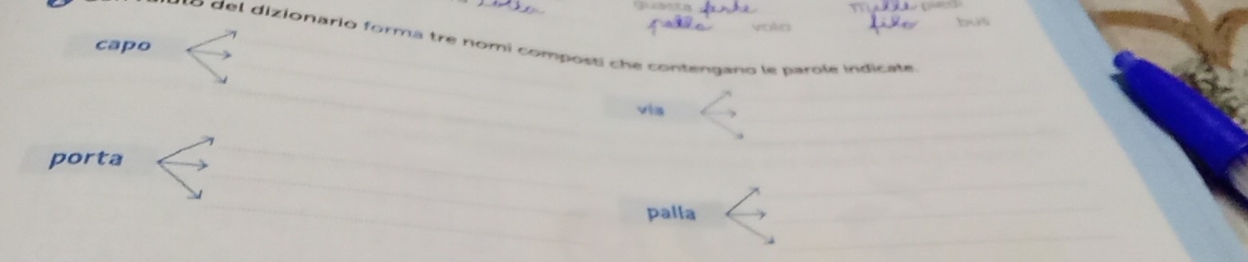 voka 
dizionario form a tre nomi composti c contengano le parle indicate 
capo 
vi 
porta 
palla