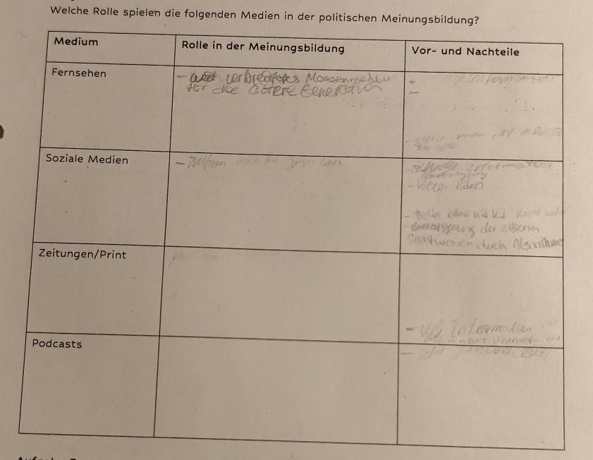 Welche Rolle spielen die folgenden Medien in der politischen Meinungsbildung?