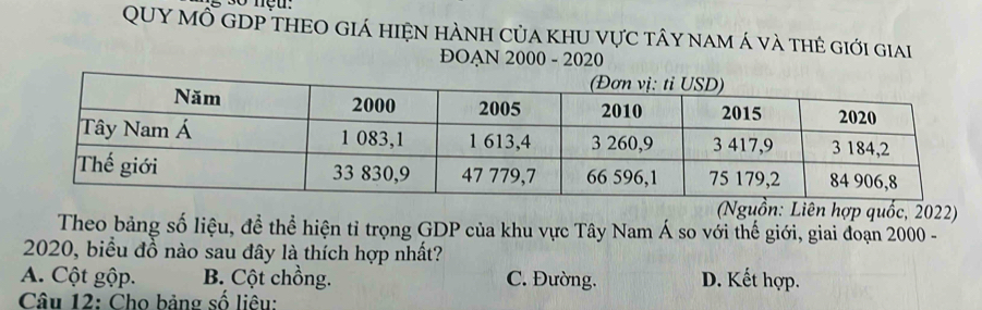 QUy mÔ GDP tHEO Giá hiện hành của khU vực tây nam Á và thẻ giới giai
ĐOAN 2000 - 2020
(Nguồn: Liên hợp quốc, 2022)
Theo bảng số liệu, để thể hiện tỉ trọng GDP của khu vực Tây Nam Á so với thế giới, giai đoạn 2000 -
2020, biểu đồ nào sau đây là thích hợp nhất?
A. Cột gộp. B. Cột chồng. C. Đường. D. Kết hợp.
Câu 12: Cho bảng số liêu: