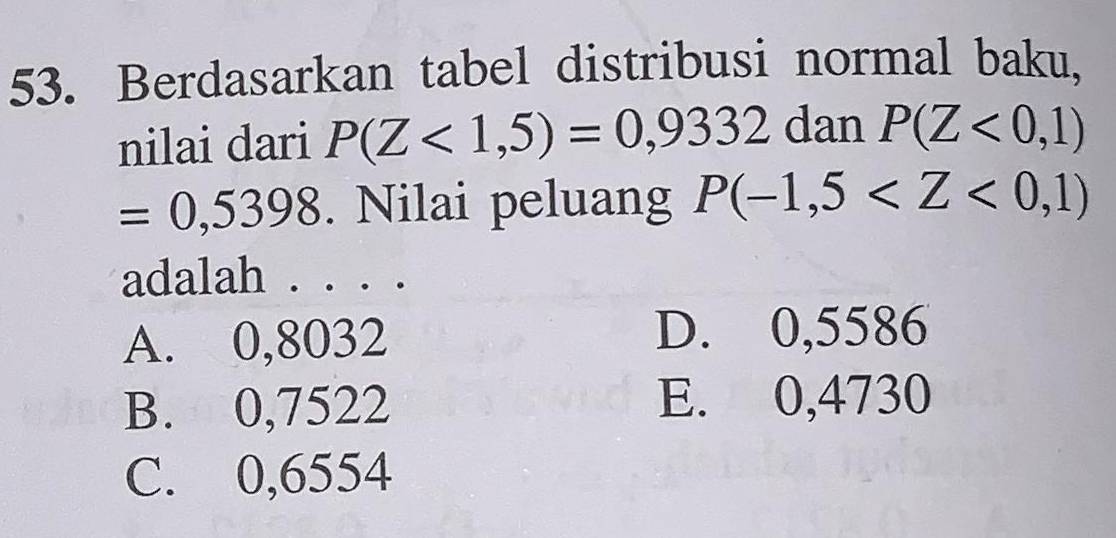 Berdasarkan tabel distribusi normal baku,
nilai dari P(Z<1,5)=0,9332 dan P(Z<0,1)
=0,5398. Nilai peluang P(-1,5
adalah . . . .
A. 0,8032 D. 0,5586
B. 0,7522 E. 0,4730
C. 0,6554