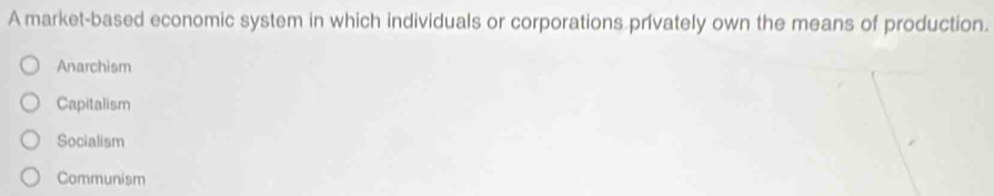 A market-based economic system in which individuals or corporations privately own the means of production.
Anarchism
Capitalism
Socialism
Communism