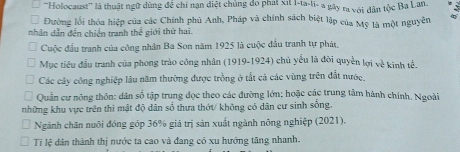 '''Holocaust''' là thuật ngữ dùng để chi nạn diệt chủng đo phát xit I-ta-li- a gây ra với dân tộc Ba Lan. 
Đường lối thỏa hiệp của các Chính phủ Anh, Pháp và chính sách biệt lập của Mỹ là một nguyên 
nhân dẫn đền chiến tranh thể giới thứ hai. 
Cuộc đầu tranh của công nhân Ba Son năm 1925 là cuộc đầu tranh tự phát, 
Mục tiêu đầu tranh của phong trào công nhân (1919-1924) chủ yểu là đôi quyền lợi về kinh tế. 
Các cây công nghiệp lâu năm thường được trồng ở tắt cả các vùng trên đắt nước. 
Quần cư nông thôn: dân số tập trung đọc theo các đường lớn; hoặc các trung tâm hành chính. Ngoài 
những khu vực trên thi mật độ dân số thưa thớt/ không có dân cư sinh sống. 
Ngành chăn nuôi đóng góp 36% giá trị sản xuất ngành nông nghiệp (2021). 
Ti lệ dân thành thị nước ta cao và đang có xu hướng tăng nhanh.