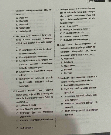 CPNS
memiliki kewarganegarsan atau di- 13. Berbagai macam bəhasa daerah yang
se brut . ada di Indonesía diakul dan diergal
A. Apartride olch negara, Bendasarkan Pasal 32
B. Blpatride ayal 2 kæberanekaragaman ini di-
C. Aparteid hargal sebagal ...
D. Stelisel aktif A. Cirl khas negara
E. Stellsell pasif B. Pelengkap bangia Indonesia
11. Hal yang bukan termasuk latar be a- D. Keunikan megara Indonesis C. Peminggalam masa laïu
kang adanya wawasan nusantara E. Kekayaan budaya nasional
dilhat dari fahafah Pançasilla adalah
14. Saliah saitu keanekaragaman di
A. Pengambilian keputusan berdasar Indionesia dikenal adianya sistem ke-
kan musyawarah. kerabatan. Masyarakat Suku Batak
B. Penerapan hak asasi mamusia. menganut sistem kekerabatan ....
C. Mengutamakan kepentingan ma A. Matrilineal
syarakat daripada kepentingan B. Patrilimeal
individu atau golongan. C. Monolateral
D. Bilzteral
D. Kediauïatan tertinggi ada di tangan E. Bibrineal
ra ky it.
E. Komerdlekaan Indonesia adaiah 15.Landasan idill wawasan nusantara
hasil usaha bersama rakyat dalam paradigma nasional adalah ...
Indonesia. A. Pancasila sebiagai falsafah
12. indionesia memiliki batas wilayah B. ULD NRI 1945 sebagal landasan
lautan yang berjarak 200 mill dari gars konstiltusi
dasar laut wilayah Indonesia. Batas in C. Ketahanan nasionall sebagai kon-
menurut .. sepsl nasional
A. Deldarai Juanda D. Wawasam nusantara sebagal visl
B. Zona Ekonomi Eksklusif nasional
C. Teritoriale Zee em Maritieme E GBHN sebagal politik dan strategi
Orconantie nasional
D. Konversi Hukum Laut Internasional
E. Laut teritorial