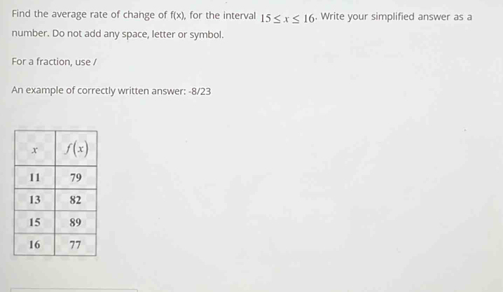 Find the average rate of change of f(x) , for the interval 15≤ x≤ 16. Write your simplified answer as a
number. Do not add any space, letter or symbol.
For a fraction, use /
An example of correctly written answer: -8/23