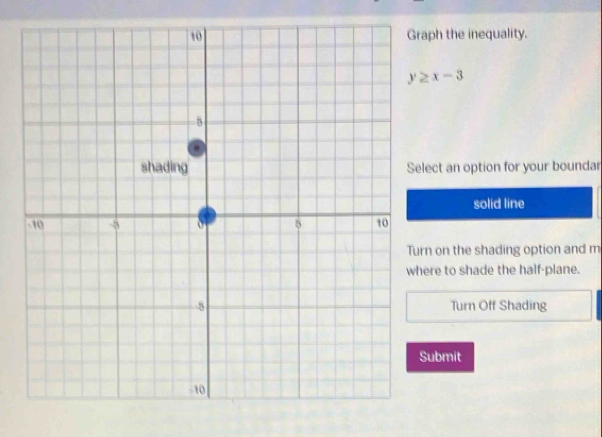 aph the inequality.
y≥ x-3
lect an option for your boundar 
solid line 
rn on the shading option and m 
ere to shade the half-plane. 
Turn Off Shading 
Submit