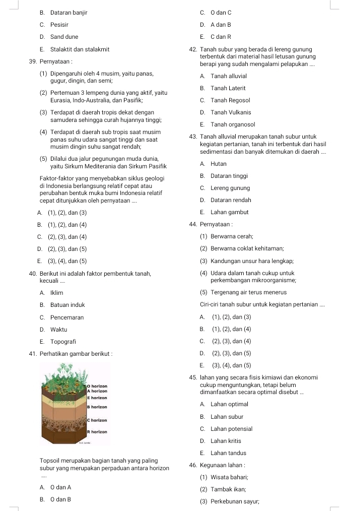 B. Dataran banjir C. O dan C
C. Pesisir D. A dan B
D. Sand dune E. C dan R
E. Stalaktit dan stalakmit 42. Tanah subur yang berada di lereng gunung
terbentuk dari material hasil letusan gunung
39. Pernyataan : berapi yang sudah mengalami pelapukan ....
(1) Dipengaruhi oleh 4 musim, yaitu panas, A. Tanah alluvial
gugur, dingin, dan semi
(2) Pertemuan 3 lempeng dunia yang aktif, yaitu B. Tanah Laterit
Eurasia, Indo-Australia, dan Pasifik; C. Tanah Regosol
(3) Terdapat di daerah tropis dekat dengan D. Tanah Vulkanis
samudera sehingga curah hujannya tinggi; E. Tanah organosol
(4) Terdapat di daerah sub tropis saat musim 43. Tanah alluvial merupakan tanah subur untuk
panas suhu udara sangat tinggi dan saat
musim dingin suhu sangat rendah; kegiatan pertanian, tanah ini terbentuk dari hasil
sedimentasi dan banyak ditemukan di daerah ....
(5) Dilalui dua jalur pequnungan muda dunia, A. Hutan
yaitu Sirkum Mediterania dan Sirkum Pasifik
Faktor-faktor yang menyebabkan siklus geologi B. Dataran tinggi
di Indonesia berlangsung relatif cepat atau C. Lereng gunung
perubahan bentuk muka bumi Indonesia relatif
cepat ditunjukkan oleh pernyataan .... D. Dataran rendah
A. (1), (2), dan (3) E. Lahan gambut
B. (1), (2), dan (4) 44. Pernyataan :
C. (2), (3), dan (4) (1) Berwarna cerah;
D. (2), (3), dan (5) (2) Berwarna coklat kehitaman
E. (3), (4), dan (5) (3) Kandungan unsur hara lengkap;
40. Berikut ini adalah faktor pembentuk tanah, (4) Udara dalam tanah cukup untuk
kecuali _perkembangan mikroorganisme;
A. Iklim (5) Tergenang air terus menerus
B. Batuan induk Ciri-ciri tanah subur untuk kegiatan pertanian ....
C. Pencemaran A. (1), (2), dan (3)
D. Waktu B. (1), (2), dan (4)
E. Topografi C. (2), (3), dan (4)
41. Perhatikan gambar berikut : D. (2), (3), dan (5)
E. (3), (4), dan (5)
45. Iahan yang secara fisis kimiawi dan ekonom
cukup menguntungkan, tetapi belum
dimanfaatkan secara optimal disebut ...
A. Lahan optimal
B. Lahan subur
C. Lahan potensial
D. Lahan kritis
E. Lahan tandus
Topsoil merupakan bagian tanah yang paling
subur yang merupakan perpaduan antara horizon 46. Kegunaan lahan :
(1) Wisata bahari;
A. O dan A (2) Tambak ikan;
B. O dan B (3) Perkebunan sayur;