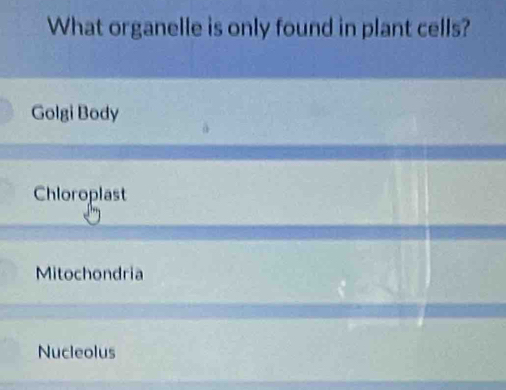 What organelle is only found in plant cells?
Golgi Body
Chloroplast
Mitochondria
Nucleolus