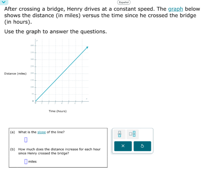 Español 
After crossing a bridge, Henry drives at a constant speed. The graph below 
shows the distance (in miles) versus the time since he crossed the bridge 
(in hours). 
Use the graph to answer the questions. 
Distance (miles) 
Time (hours) 
(a) What is the slope of the line?
 □ /□   □  □ /□  
5 
(b) How much does the distance increase for each hour
since Henry crossed the bridge?
miles