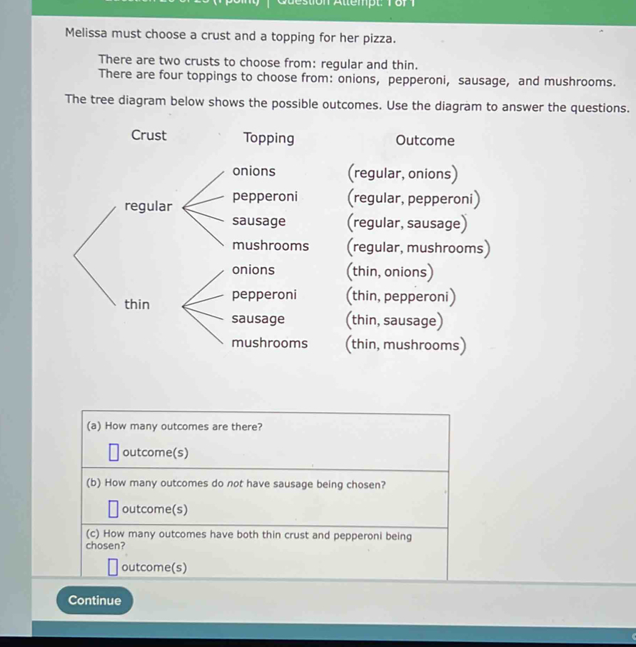 Solved: dstion Altempt: 1 of Melissa must choose a crust and a topping ...
