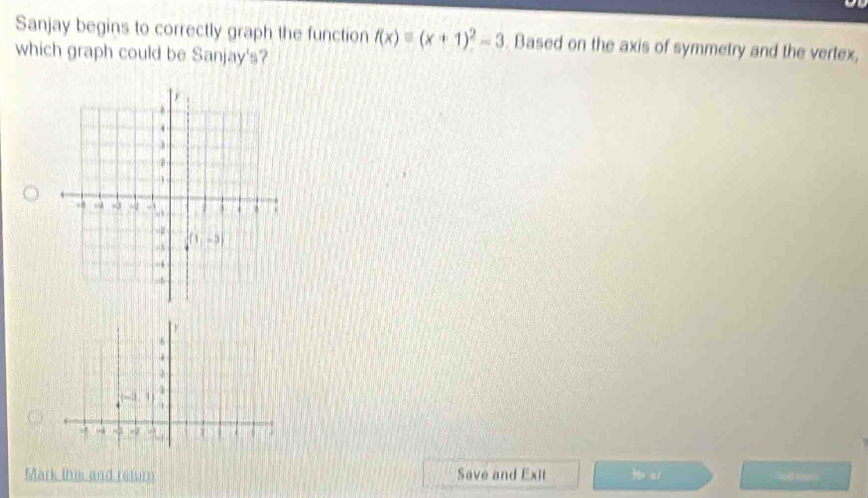 Sanjay begins to correctly graph the function f(x)=(x+1)^2-3. Based on the axis of symmetry and the vertex,
which graph could be Sanjay's?
y
(m,1, 1
t
Mark this and retur Save and Exit