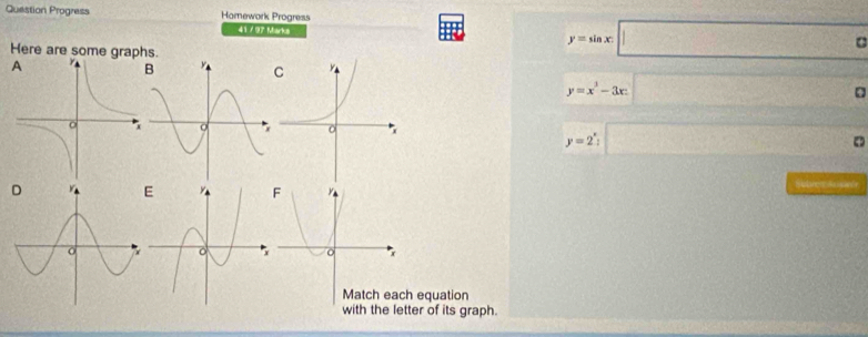 Question Progress Hamework Progress
41 /97 Maka
Here are some graphs.
y=sin x:|
y=x^3-3x□ a
y=2:□ 。
Sobre Ause
equation
with the letter of its graph.