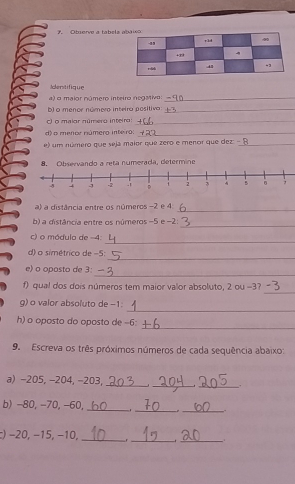 Observe a tabela 
Identifique 
a) o maior número inteiro negativo:_ 
b) o menor número inteiro positivo:_ 
c) o maior número inteiro:_ 
d) o menor número inteiro:_ 
e) um número que seja maior que zero e menor que dez: - E_ 
8. Observando a reta numerada, determine 
_ 
a) a distância entre os números −2 e 4 : 
_ 
b) a distância entre os números −5 e −2 : 
_ 
c) o módulo de -4 : 
_ 
d) o simétrico de −5 : 
_ 
e) o oposto de 3 : 
_ 
f) qual dos dois números tem maior valor absoluto, 2 ou -3? 
_ 
g) o valor absoluto de −1 : 
_ 
h) o oposto do oposto de −6 : 
9. Escreva os três próximos números de cada sequência abaixo: 
a) -205, -204, −203, _. __. 
b) -80, −70, −60, _、 _. _. 
c) −20, −15, −10, _、_ _.