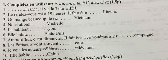 Complétez en utilisant: à, au, en, à la, à l’, aux, chez (1,5p)
1. ._ France, il y a la Tour Eiffel. 
2. Le rendez-vous est à 19 heures. Il faut être _l'heure. 
3. On mange beaucoup de riz _Vietnam. 
4. Nous allons _Michelle. 
5. Ils habitent _Lyon. 
6. Elle habite États-Unis. 
7. Aujourd’hui, c’est dimanche. Il fait beau. Je voudrais aller _campagne. 
8. Les Parisiens vont souvent _café. 
9. Je vois les acteurs célèbres _télévision. 
10. Elle habite _Chine. 
on utilisant: quel/ quelle/quels/ quelles (1,5p