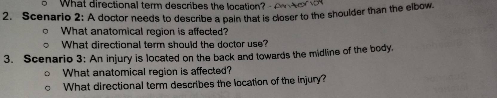 What directional term describes the location? 
2. Scenario 2: A doctor needs to describe a pain that is closer to the shoulder than the elbow. 
What anatomical region is affected? 
What directional term should the doctor use? 
3. Scenario 3: An injury is located on the back and towards the midline of the body. 
What anatomical region is affected? 
What directional term describes the location of the injury?