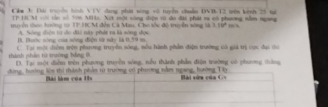 Cầu 3: Đài truyền hình VIV dang phát sóng vô tuyển chuẩn DVB- 12 trên kênh 25 tại
TP HCM với tần số 506 MHa. Xét một sóng điện từ đo đài phát ra có phương nằm ngang
truyền theo hưởng từ TP.HCM đến Cà Mau. Cho tốc độ truyền sóng là 3.10^2m
A. Sóng diện từ do đãi này phát ra là sòng đọc.
B. Bước sóng của sóng điện từ này là 0,59 m.
C. Tại một điểm trên phương truyền sóng, nều hành phần điện trường có giá trị cục đại thì
thành phản từ trường băng 0.
D. Tại một điễm trên phương truyền sống, nều thành phần điện trường có phương thắng
thi thành phần từ trường cổ phương nằm ngang, hướng Tây