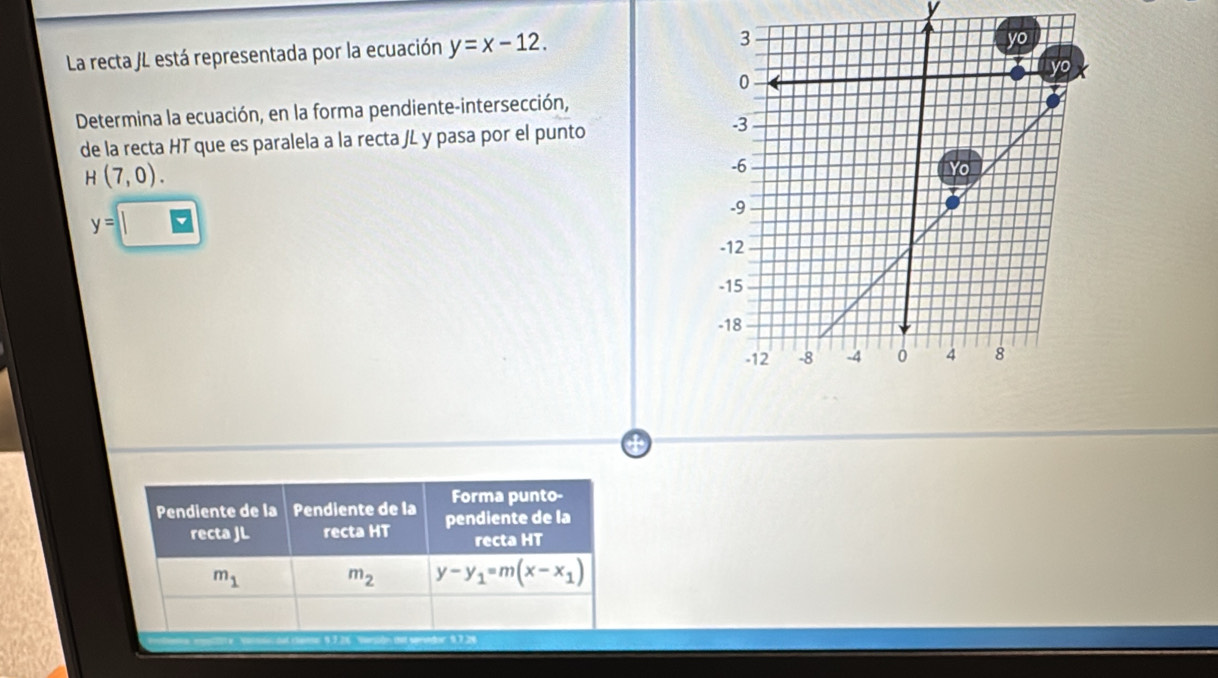 y
La recta JL está representada por la ecuación y=x-12. 
Determina la ecuación, en la forma pendiente-intersección, 
de la recta HT que es paralela a la recta JL y pasa por el punto
H(7,0).
y=| F
Forma punto- 
Pendiente de la Pendiente de la pendiente de la 
recta JL recta HT recta HT
m_1
m_2 y-y_1=m(x-x_1)
12