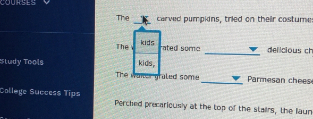 COURSES 
The carved pumpkins, tried on their costume 
The kids 
ated some _delicious ch 
Study Tools kids, 
The waiter grated some _ Parmesan chees 
College Success Tips 
Perched precariously at the top of the stairs, the laun