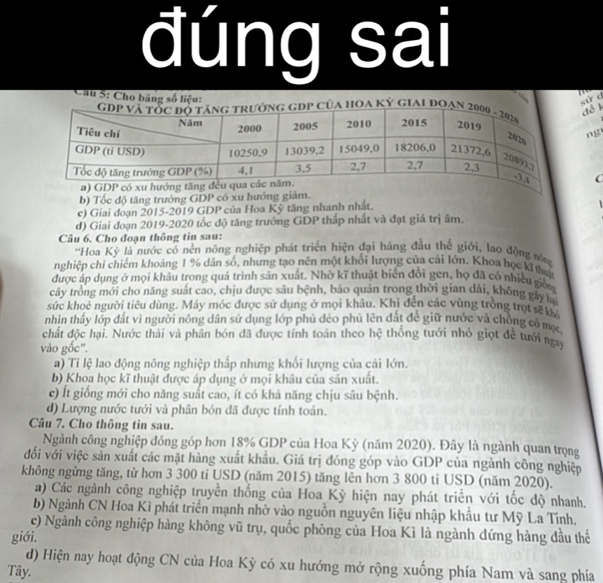 đúng sai
Cầu S: Cho băng số liệu:
  
sử d đềk
Oa kỳ giai đO
ng
aC
b) Tốc độ tăng trưởng GDP có xu hướng giảm.
c) Giai đoạn 2015-2019 GDP của Hoa Kỳ tăng nhanh nhất.
d) Giai đoạn 2019-2020 tốc độ tăng trưởng GDP thấp nhất và đạt giả trị âm.
Câu 6. Cho đoạn thông tin sau:
'Hoa Kỳ là nước có nền nông nghiệp phát triển hiện đại hàng đầu thế giới, lao động nông
nghiệp chi chiếm khoảng 1 % dân số, nhưng tạo nên một khổi lượng của cải lớn, Khoa học kĩ thậc
được áp dụng ở mọi khâu trong quá trình sản xuất. Nhờ kĩ thuật biển đổi gen, họ đã có nhiều giống
cây trồng mới cho năng suất cao, chịu được sâu bệnh, bảo quản trong thời gian dài, không gây hại
sức khoẻ người tiêu dùng. Máy móc được sử dụng ở mọi khâu. Khi đến các vùng trồng trọt sẽ khở
nhìn thấy lớp đất vì người nông dân sử dụng lớp phủ dẻo phủ lên đất đề giữ nước và chồng cò mọc,
chất độc hại. Nước thải và phân bón đã được tính toán theo hệ thống tưới nhỏ giọt để tưới ngay
vào gốc".
a) Tỉ lệ lao động nông nghiệp thấp nhưng khối lượng của cải lớn.
b) Khoa học kĩ thuật được áp dụng ở mọi khâu của sản xuất.
c) Ít giống mới cho năng suất cao, ít có khả năng chịu sâu bệnh.
d) Lượng nước tưới và phân bón đã được tính toán.
Câu 7. Cho thông tin sau.
Ngành công nghiệp đóng góp hơn 18% GDP của Hoa Kỳ (năm 2020). Đây là ngành quan trọng
đối với việc sản xuất các mặt hàng xuất khẩu. Giá trị đóng góp vào GDP của ngành công nghiệp
không ngừng tăng, từ hơn 3 300 ti USD (năm 2015) tăng lên hơn 3 800 ti USD (năm 2020).
a) Các ngành công nghiệp truyền thống của Hoa Kỳ hiện nay phát triển với tốc độ nhanh.
b) Ngành CN Hoa Kì phát triển mạnh nhờ vào nguồn nguyên liệu nhập khẩu tư Mỹ La Tỉnh.
c) Ngành công nghiệp hàng không vũ trụ, quốc phòng của Hoa Kì là ngành đứng hàng đầu thể
giới.
d) Hiện nay hoạt động CN của Hoa Kỳ có xu hướng mở rộng xuống phía Nam và sang phía
Tây.