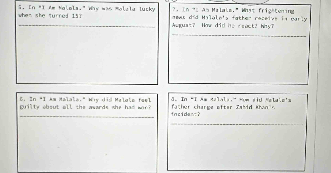 In “I Am Malala.” Why was Malala lucky 7. In “I Am Malala.” What frightening 
when she turned 15? news did Malala's father receive in early 
_August? How did he react? Why? 
_ 
_ 
6. In “I Am Malala.” Why did Malala feel 8. In “I Am Malala.” How did Malala’s 
guilty about all the awards she had won? father change after Zahid Khan's 
_incident? 
_