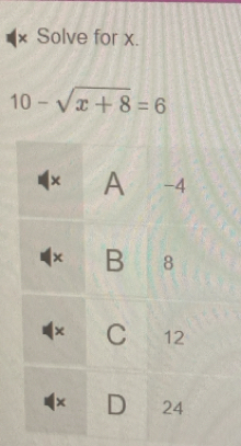 × Solve for x.
10-sqrt(x+8)=6