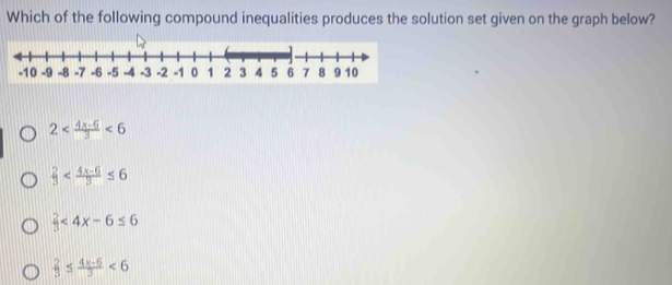 Which of the following compound inequalities produces the solution set given on the graph below?
2 <6</tex>
 2/3 
 2/3 <4x-6≤ 6
 2/3 ≤  (4x-6)/3 <6</tex>