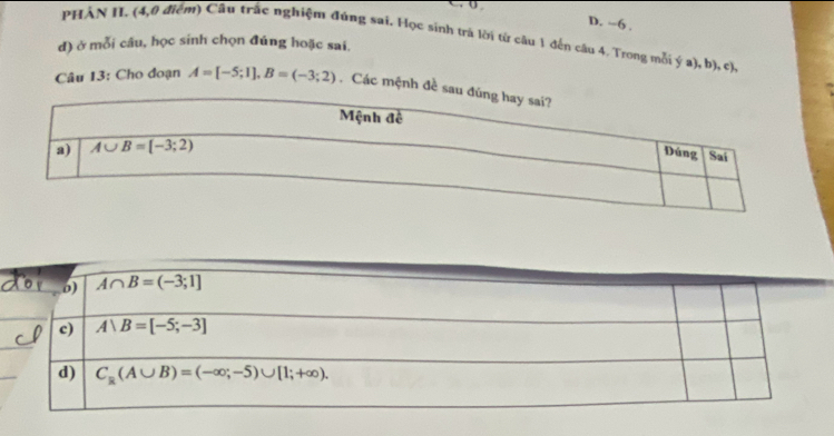 6 .
PHAN I. (4,0 điểm) Cầu trác nghiệm đúng sai. Học sinh trá lời từ cầu 1 đến câu 4. Trong mỗi ý a), b), c)
đ) ở mỗi câu, học sinh chọn đúng hoặc sai.
Câu 13: Cho đoạn A=[-5;1],B=(-3;2). Các mệnh đề