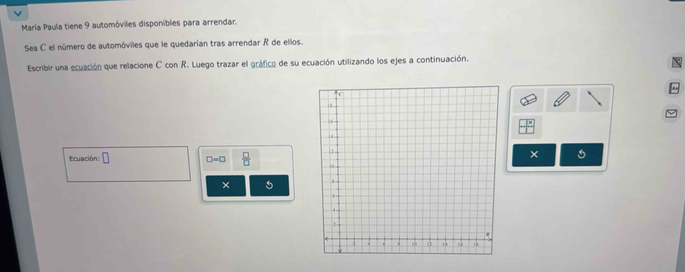 María Paula tiene 9 automóviles disponibles para arrendar. 
Sea C el número de automóviles que le quedarían tras arrendar R de ellos. 
Escribir una ecuación que relacione C con R. Luego trazar el gráfico de su ecuación utilizando los ejes a continuación. 
Ecuación: □ □ =□  □ /□  
× 5 
× 5