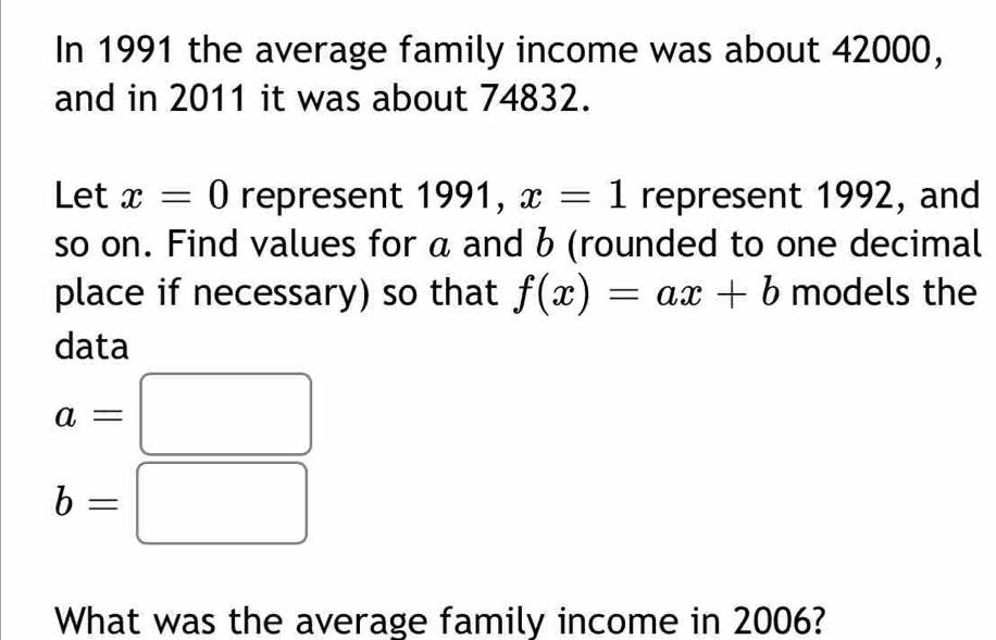 In 1991 the average family income was about 42000, 
and in 2011 it was about 74832. 
Let x=0 represent 1991, x=1 represent 1992, and 
so on. Find values for a and b (rounded to one decimal 
place if necessary) so that f(x)=ax+b models the 
data
a=□
b=□
What was the average family income in 2006?