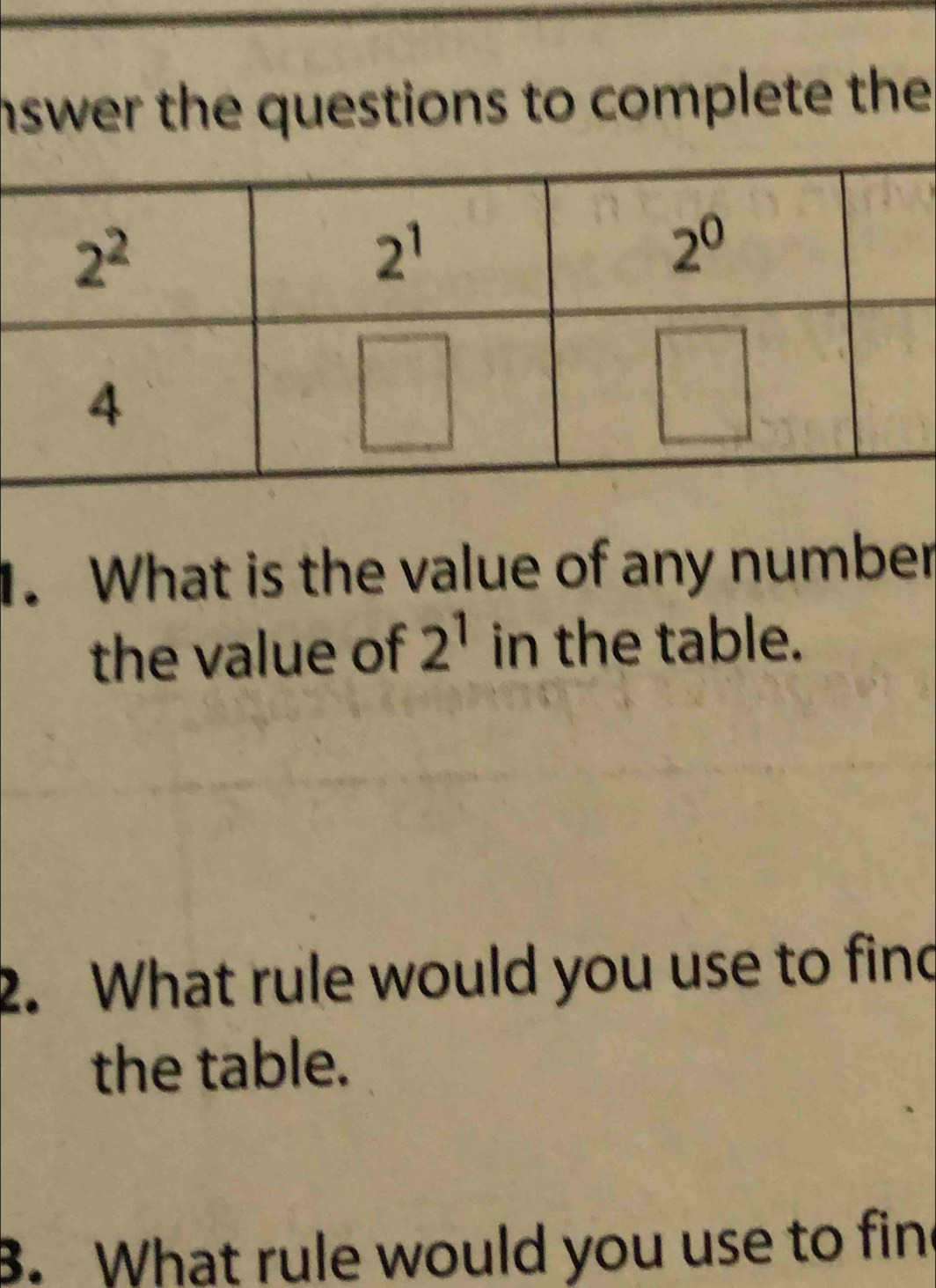 nswer the questions to complete the 
1. What is the value of any number
the value of 2^1 in the table.
2. What rule would you use to find
the table.
3. What rule would you use to fin