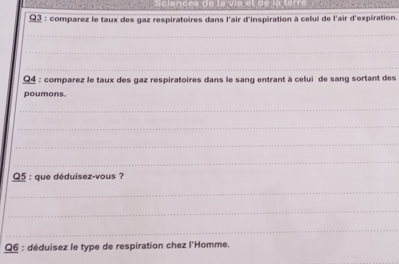 comparez le taux des gaz respiratoires dans l'air d'inspiration à celui de l'air d'expiration. 
_ 
_ 
_ 
_ 
Q4 : comparez le taux des gaz respiratoires dans le sang entrant à celui de sang sortant des 
poumons. 
_ 
_ 
_ 
_ 
Q5 : que déduisez-vous ? 
_ 
_ 
_ 
Q6 : déduisez le type de respiration chez l'Homme.