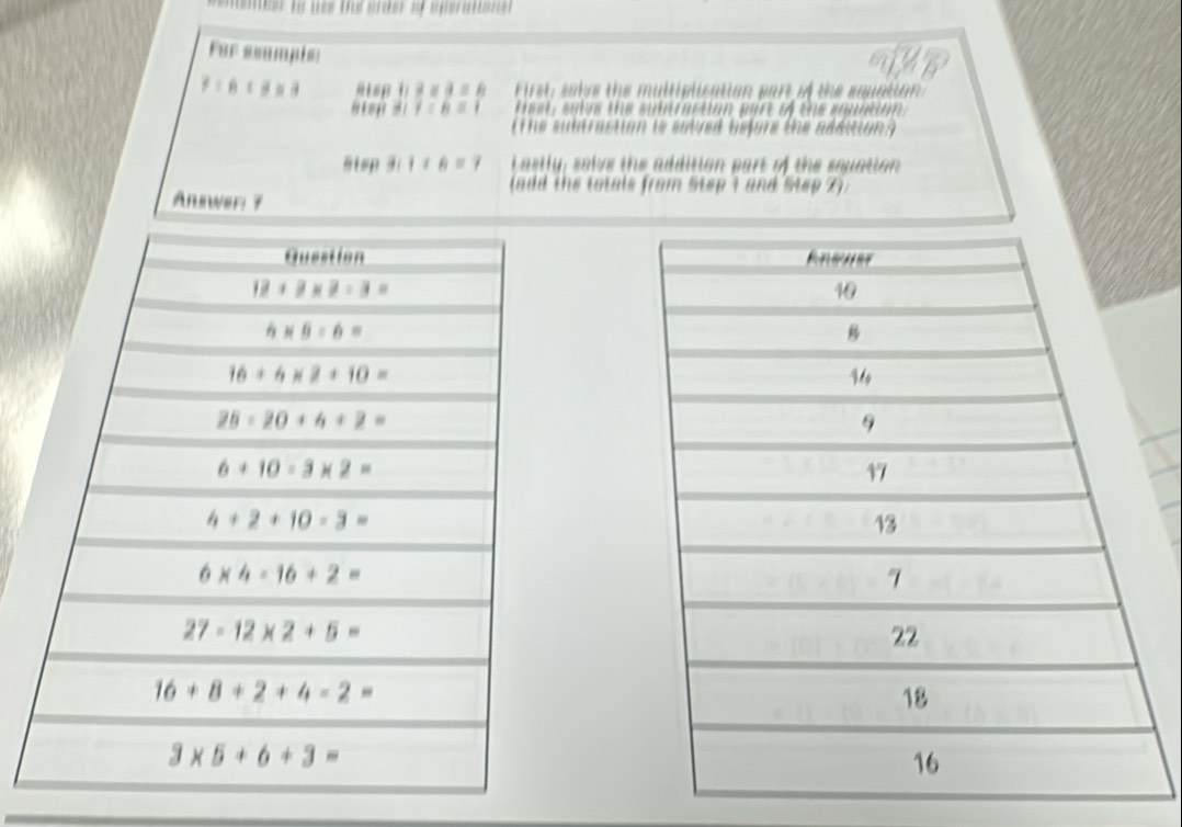 For esample
R    α α =   First, salve the multiplication part if the equation 
H    si  7  = 6 = 1    e et  su e the sut mption wr of the st   
The subtraction is solved before the addition )
8tsp 3: 1× 6 = 7  Lastly, salve the addition part of the squation
(add the totals from Step 1 and Step 2).
Answer 7