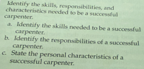 Identify the skills, responsibilities, and 
characteristics needed to be a successful 
carpenter. 
a. Identify the skills needed to be a successful 
carpenter. 
b. Identify the responsibilities of a successful 
carpenter. 
c. State the personal characteristics of a 
successful carpenter.