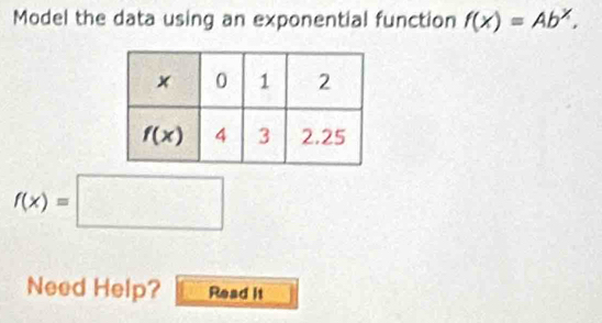 Model the data using an exponential function f(x)=Ab^x.
f(x)=□
Need Help? Read it