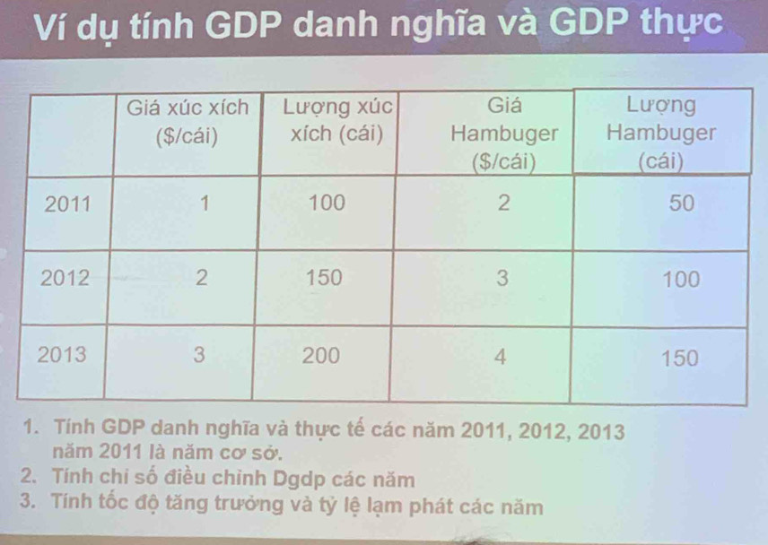 Ví dụ tính GDP danh nghĩa và GDP thực 
1. Tính GDP danh nghĩa và thực tế các năm 2011, 2012, 2013
năm 2011 là năm cơ sở. 
2. Tính chi số điều chỉnh Dgdp các năm 
3. Tính tốc độ tăng trưởng và tỷ lệ lạm phát các năm