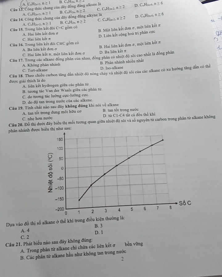 A. C_nH_2n 2 n≥ 1 B. C_nH_2n,n≥ 2
Câu 13. Công thức chung của dãy đồng đẳng alkene là
Câu 14. Công thức chung của dãy đồng đẳng alkyne là C_nH_2n,n≥ 2 C. CuH20-2 n≥ 2 D. C_nH_2n-6 n≥ 6
A. C_nH_2n+2,n≥ 1 B.
A. C_nH_2n+2,n≥ 1 B. C _□ H_2= n≥ 2 C. C_nH_2n-2 n≥ 2 D. C_nH_2n-6_n n≥ 6
Câu 15. Trong liên kết đôi C=C gồm có
A. Hai liên kết đơn ơ B. Một liên kết đơn σ, một liên kết π
C. Hai liên kết π D. Liên kết cộng hoá trị phân cực
Câu 16. Trong liên kết đôi Cequiv C gồm có
A. Ba liên kết đơn ở B. Hai liên kết đơn σ, một liên kết π
C. Hai liên kết π, một liên kết đơn ở D. Ba liên kết π
Câu 17. Trong các alkane đồng phân của nhau, đồng phân có nhiệt độ sôi cao nhất là đồng phân
A. Không phân nhánh B. Phân nhánh nhiều nhất
C. Tert-alkane D. Iso-alkane
Câu 18. Theo chiều carbon tăng dẫn nhiệt độ nóng cháy và nhiệt độ sôi của các alkane có xu hướng tăng dẫn có thể
được giải thích là do
A. liên kết hydrogen giữa các phân từ
B. tương tác Van der Waals giữa các phân tử.
C. do tương tác lưỡng cực-lưỡng cực.
D. do độ tan trong nước của các alkene.
Câu 19. Tính chất nào sau đây không đúng khi nói về alkane
A. tan tốt trong dung môi hữu cơ B tan tốt trong nước
C. nhẹ hơn nước D. từ C1-C4 tất cả đều thể khí
Câu 20. Đồ thị dưới đây biểu thị mối tương quan giữa nhiệt độ sôi và số nguyên từ carbon trong phân tử alkane không
phân nhánh đượểu thị như sau:
Dựa vào đồ thị số alkane ở thể khí trong điều kiện
A. 4 B. 3
C. 2 D. 1
Câu 21. Phát biểu nào sau đãy không đúng:
A. Trong phân tử alkane chỉ chứa các liên kết σ bền vững
B. Các phân từ alkane hầu như không tan trong nước
2