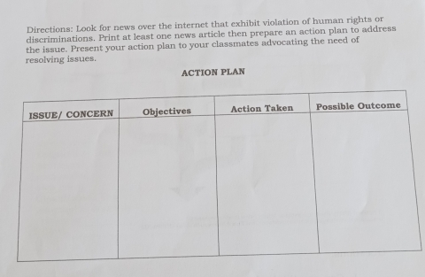 Directions: Look for news over the internet that exhibit violation of human rights or 
discriminations. Print at least one news article then prepare an action plan to address 
the issue. Present your action plan to your classmates advocating the need of 
resolving issues. 
ACTION PLAN