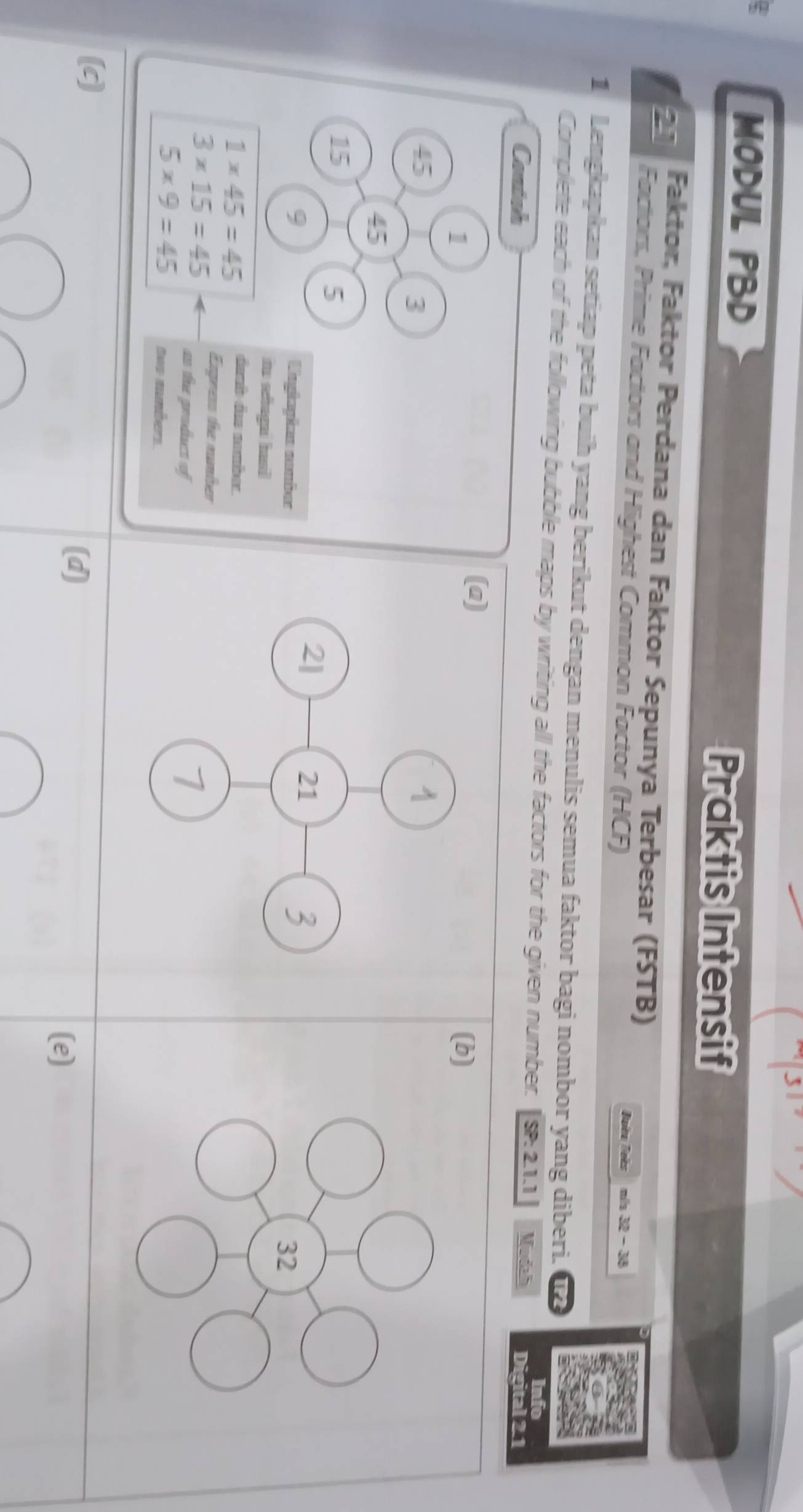 MODUL PBD 
Praktis Intensif
27 Faktor, Faktor Perdana dan Faktor Sepunya Terbesar (FSTB) 
Factors, Prime Factors and Highest Common Factor (HCF) 
Boéa Toéa 32-38
1 Lengkapkan setiap peta buih yang berikut dengan menulis semua faktor bagi nombor yang diberi. 
Complete each of the following bubble maps by writing all the factors for the given number. SP: 2.1.1 Modah Dis 
Contsh 
(a)
1 (b)
45
3
45
15
5
9 Unghaphen nnmbus 
io seीagai ha
1* 45=45 वश बue nomber. 
Express the number
3* 15=45 as the product of
5* 9=45 too mmbers 
(c] (d) 
(e)