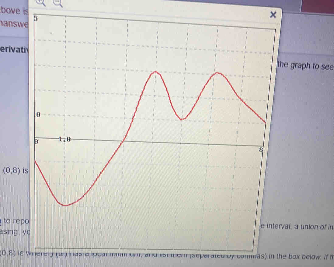 bove is 
hanswe 
erivative graph to see
(0,8)
to repoal, a union of in 
asing, yc
(0,8) re J(x) has a locar minimum, and list them (separated by commas) in the box below. If th