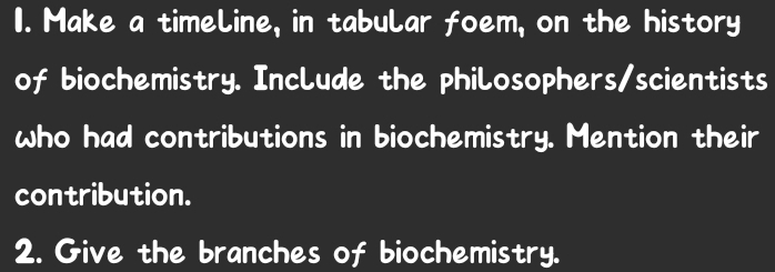 Make a timeline, in tabular foem, on the history 
of biochemistry. Include the philosophers/scientists 
who had contributions in biochemistry. Mention their 
contribution. 
2. Give the branches of biochemistry.