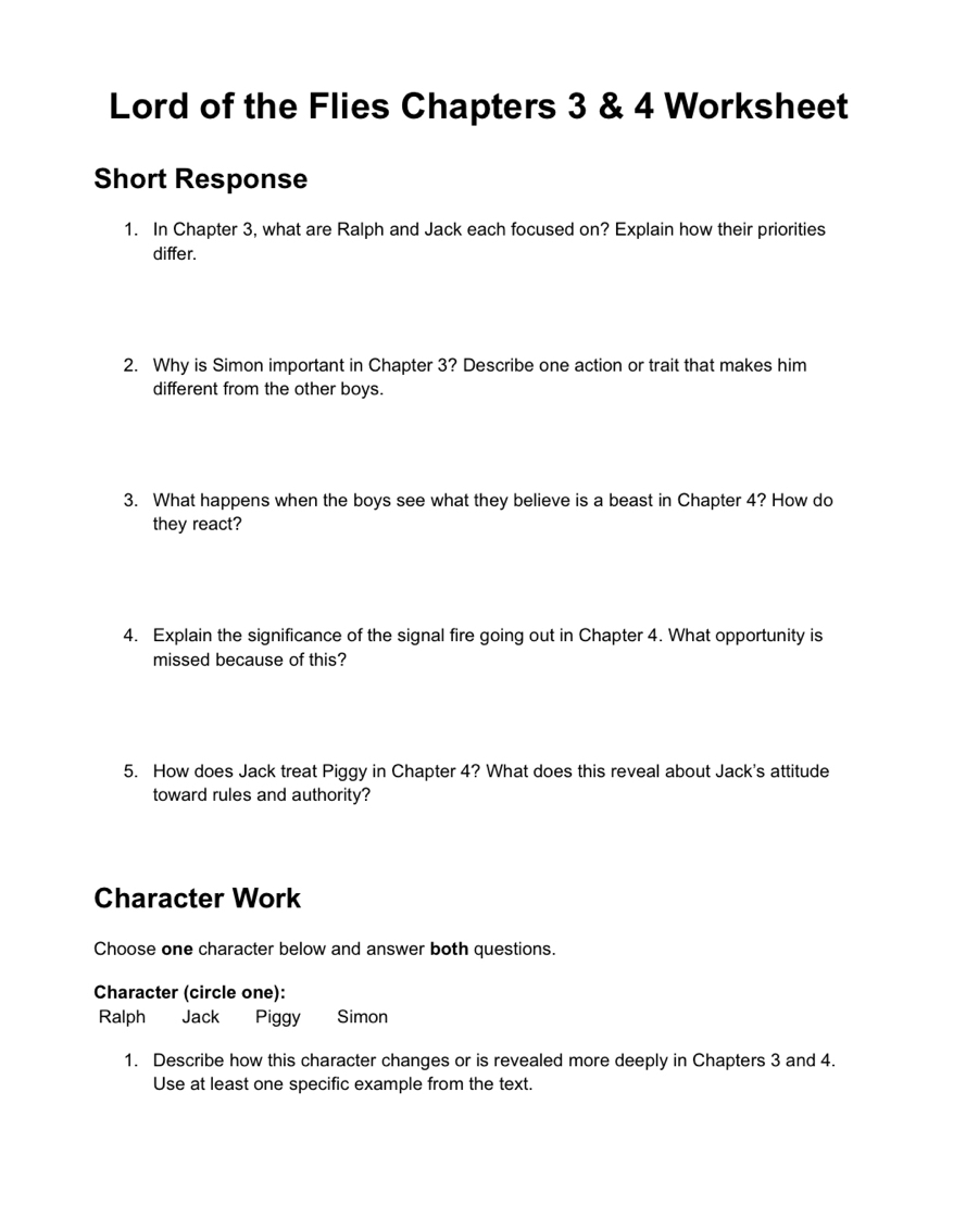 Solved: Lord of the Flies Chapters 3 & 4 Worksheet Short Response 1. In ...