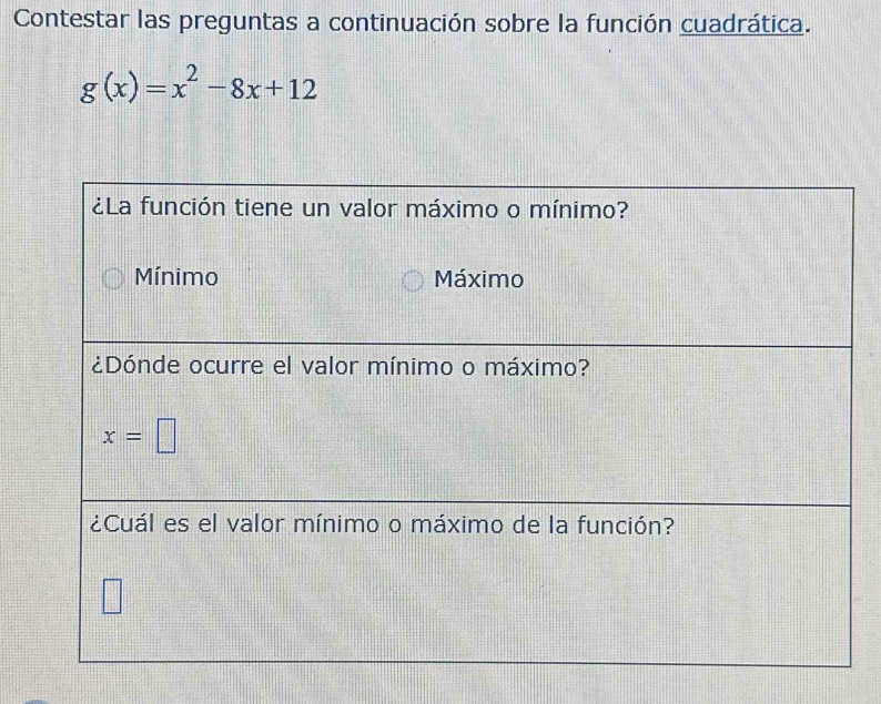 Contestar las preguntas a continuación sobre la función cuadrática.
g(x)=x^2-8x+12