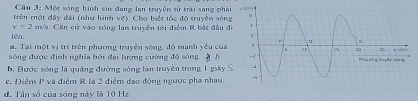 Cầu 3: Một sóng hình sin đang lan truyền từ trái sang phải
trên một đây đài (như hình vẽ). Cho biết tốc độ truyền sóng
v=2
lên. m/s. Căn cứ vào sóng lan truyền tới điểm R bắt đầu đ
a. Tại một vị trí trên phượng truyền sóng, độ mạnh yếu của 
sóng được định nghĩa bởi đại lượng cường độ sóng.
b. Bước sóng là quảng đường sóng lan truyền trong 1 giá
c. Điểm P và điểm R là 2 điểm dạo động ngược pha nhau.
d, Tần số của sóng này là 10 Hz