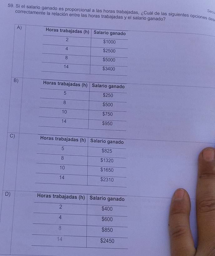 Si el salario ganado es proporcional a las horas trabajadas, ¿Cuál de las siguientes opciones des Secu
correctamente la relación entre las horas trabajadas y el salario ganado?
A)
B)
C)
D)