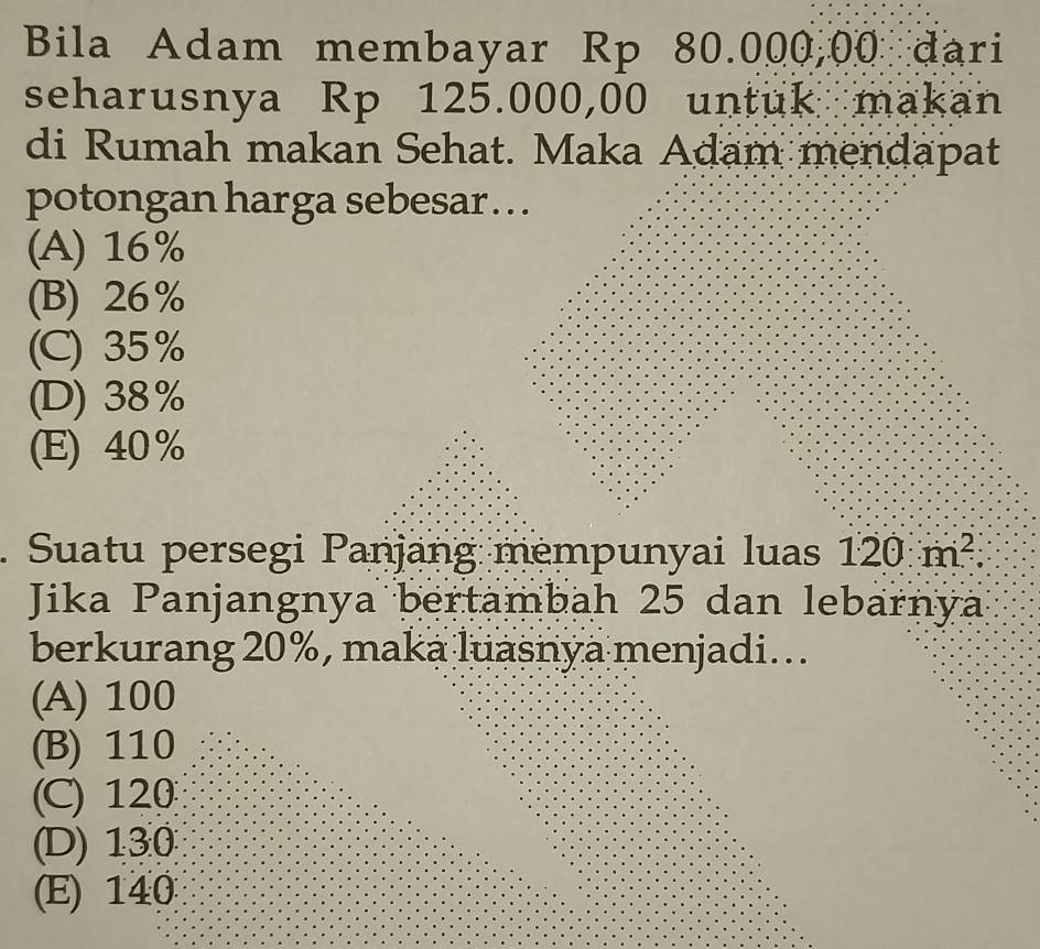 Bila Adam membayar Rp 80.000,00 dari
seharusnya Rp 125.000,00 untuk makan
di Rumah makan Sehat. Maka Adam mendapat
potongan harga sebesar .. .
(A) 16%
(B) 26%
(C) 35%
(D) 38%
(E) 40%. Suatu persegi Panjang mempunyai luas 120m^2. 
Jika Panjangnya bertambah 25 dan lebarnya
berkurang 20%, maka luasnya menjadi...
(A) 100
(B) 110
(C) 120
(D) 130
(E) 140