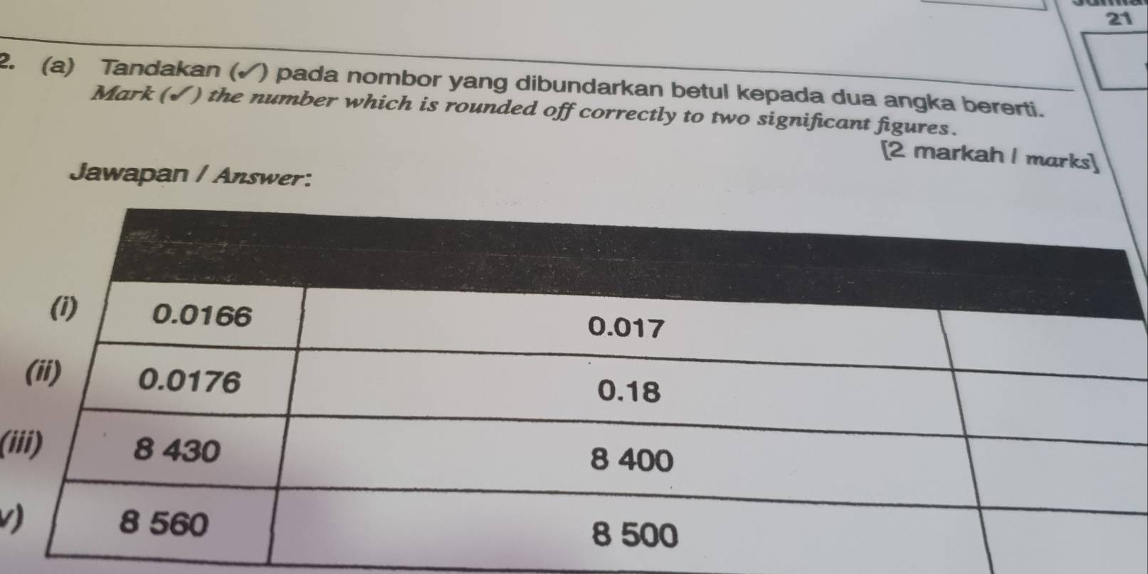 21 
2. (a) Tandakan (√) pada nombor yang dibundarkan betul kepada dua angka bererti. 
Mark (✓) the number which is rounded off correctly to two significant figures. 
[2 markah I marks] 
Jawapan / Answer: 
(i 
v