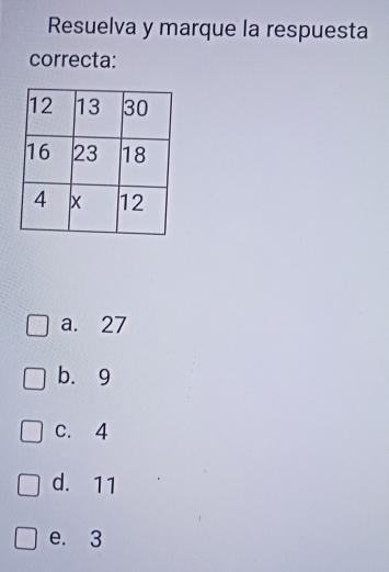 Resuelva y marque la respuesta
correcta:
a. 27
b. 9
c. 4
d. 11
e. 3