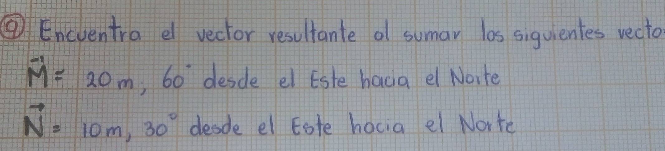 ⑨ Enclentra el vector resultante al sumar los siguientes recto
overline M=20m, 60° desde el Este haca el Norte
vector N=10m, 30° desde el Eote hacia el Norte