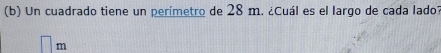 Un cuadrado tiene un perímetro de 28 m. ¿Cuál es el largo de cada lado?
m